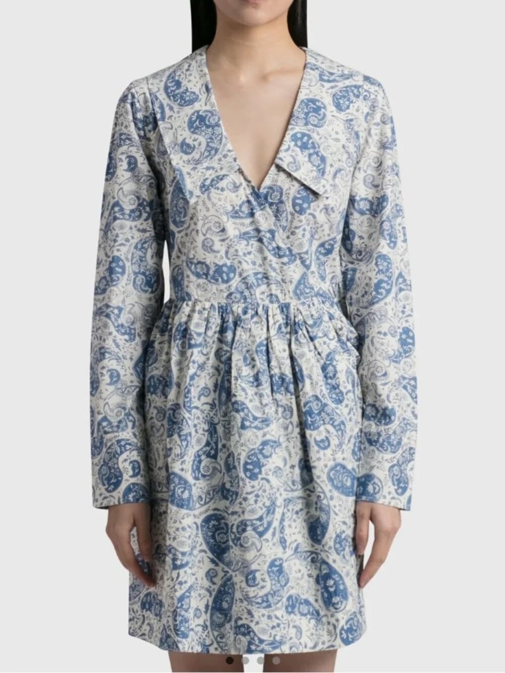 Ganni Blue and White Paisley Long Sleeve Dress